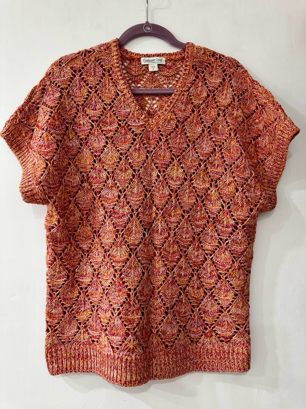 Coldwater Creek Pink Openwork Knit V-Neck Sweater Top Size M